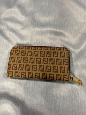 Fendi Brown Monogram Zip Wallet with Gold-Tone Logo Pull